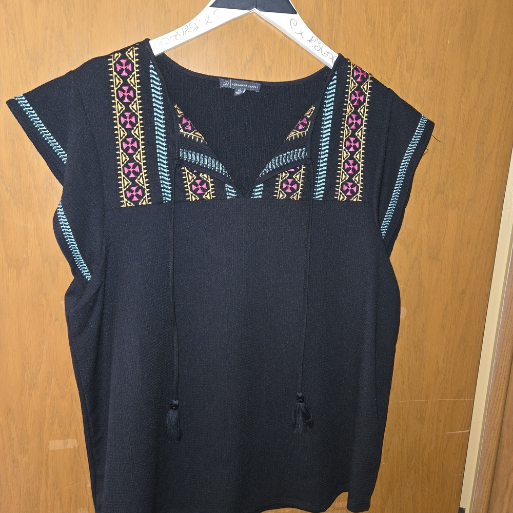 Adrianna Papell Black Blouse with Colorful Embroidery